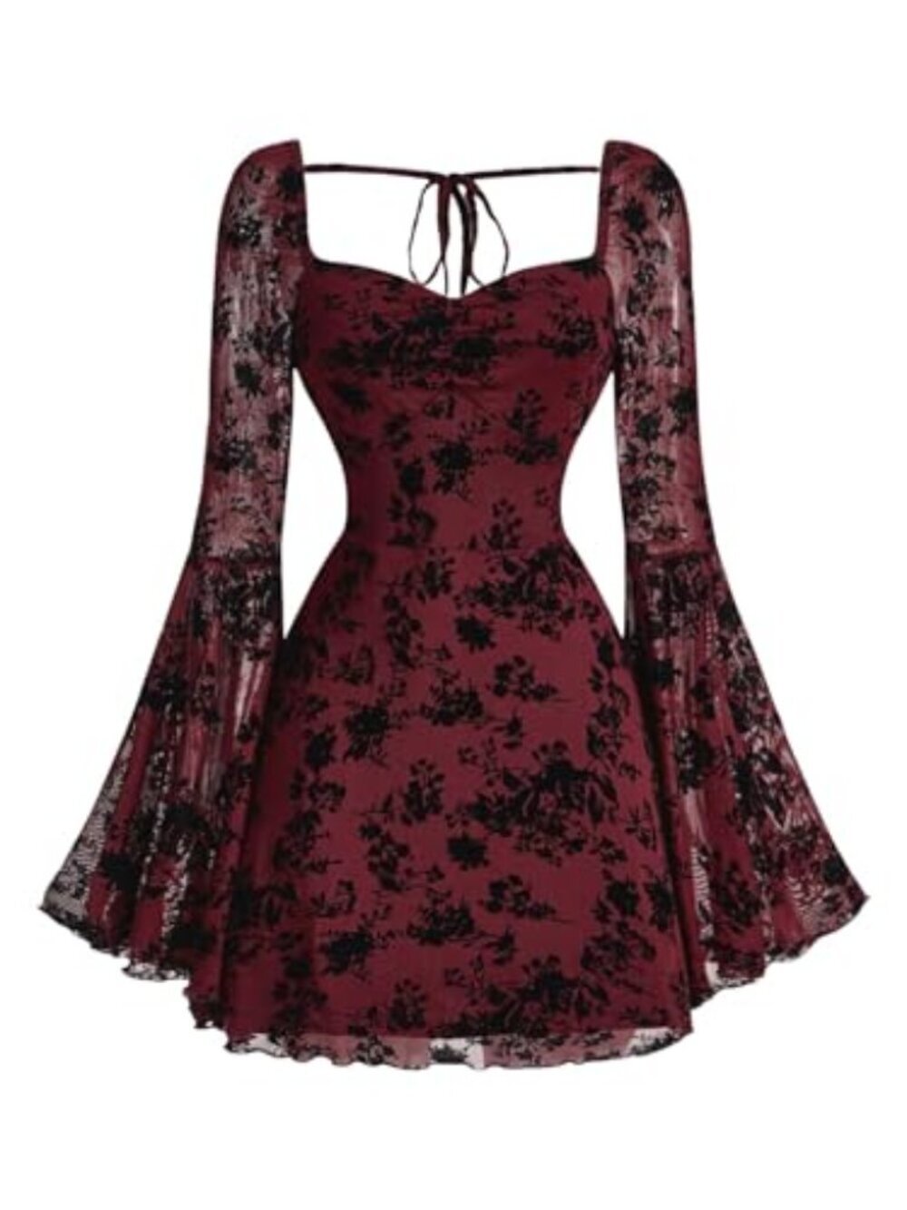 🆕 Women's Floral Print Mesh Gothic Dress Square Neck Bell Sleeve A Line